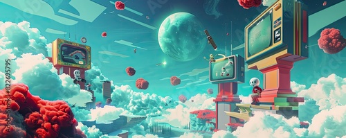 A vibrant, surreal landscape filled with vintage arcade game characters. Whimsical terrain and floating elements in neon pinks, purples, and blues create a nostalgic tribute to classic video games. photo