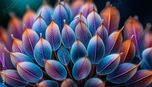 purple, blue and orange leaves clustered together against a dark background photo