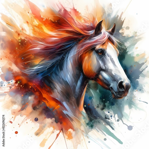 Dynamic Watercolor Horse Art with Abstract Splashes © BERMED