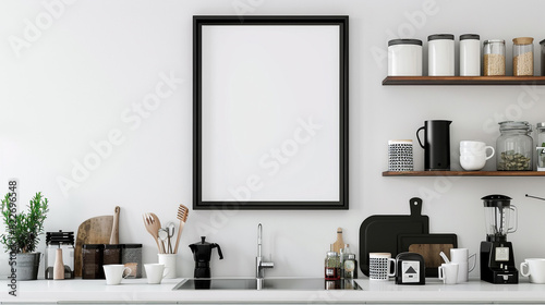 Trendy black poster frame in a white kitchen, above a modern coffee bar with eclectic mugs and accessories. photo