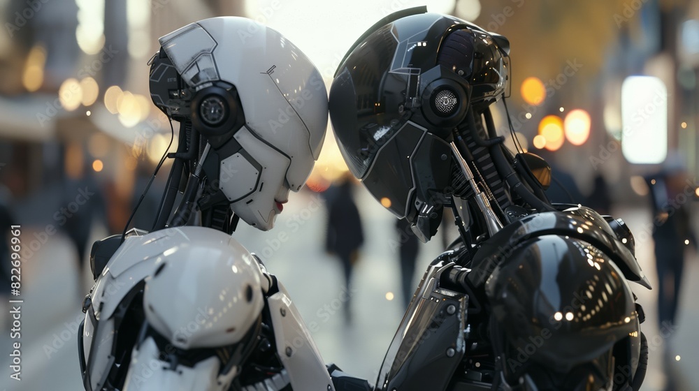 Fototapeta premium two robots hugging and looking in eyes, cyborg feeling and emotions, robotics dating and romance concept, artificial intelligence