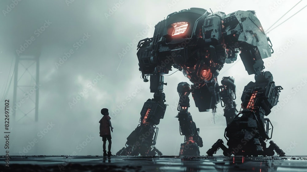 small man in front of giant robot, modern david and goliath concept, people against robotics small man in front of giant robot, modern david and goliath concept, people against robotics