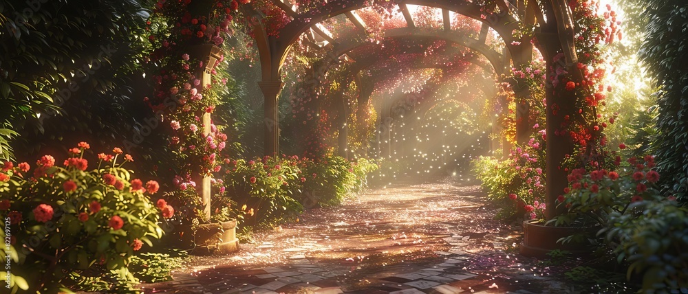 Garden with trellises and arbors covered in flowering vines Stock ...