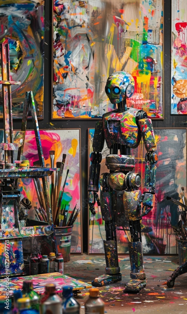 Fototapeta premium cute vintage robot painting picture in artistic studio, funny robotic cyborg artist drawing artwork on canvas, artificial intelligence concept