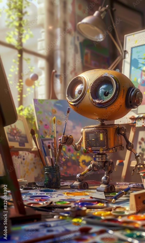 Naklejka premium cute vintage robot painting picture in artistic studio, funny robotic cyborg artist drawing artwork on canvas, artificial intelligence concept