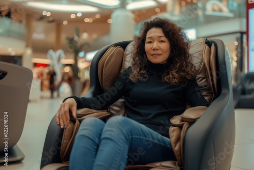 Asian woman. Massage chair. Shopping mall. Relaxation. tired of shopping.