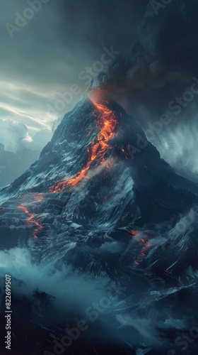 Volcano with lava and lava rising from the top of it