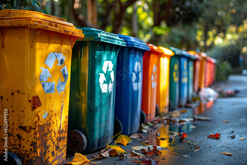 Colorful Trash Cans with Recycling Symbols in Sunny City Park © ANOUAR
