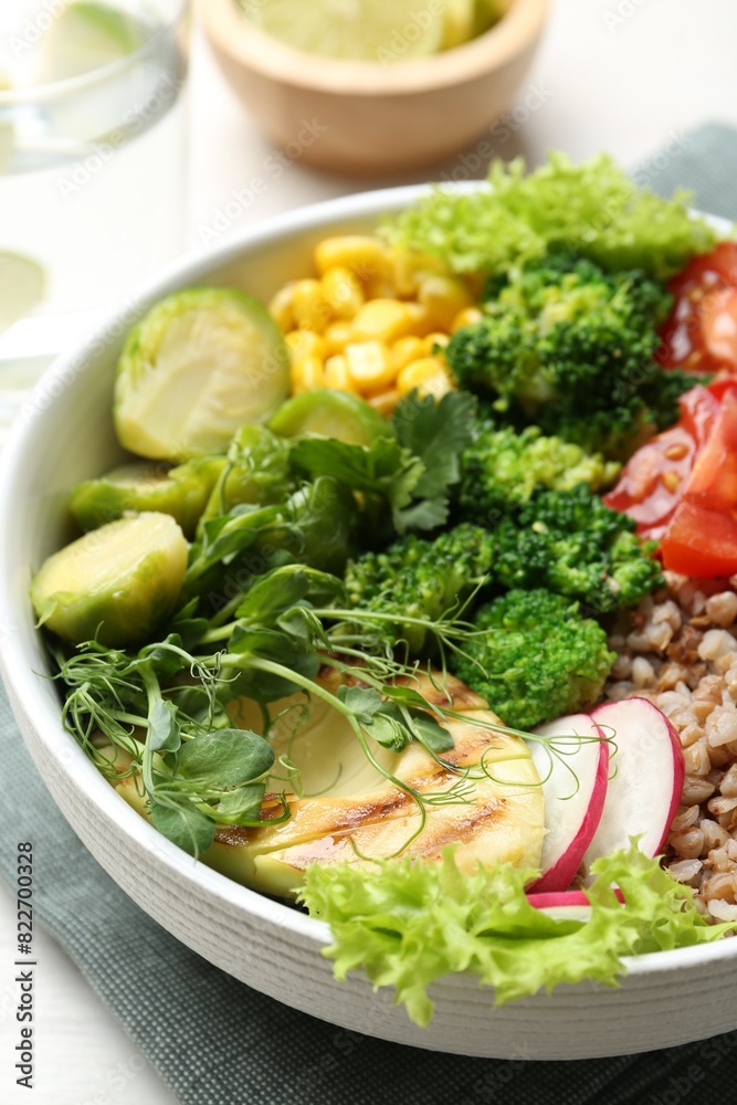 Healthy meal. Tasty products in bowl on white table, closeup Healthy meal. Tasty products in bowl on white table, closeup