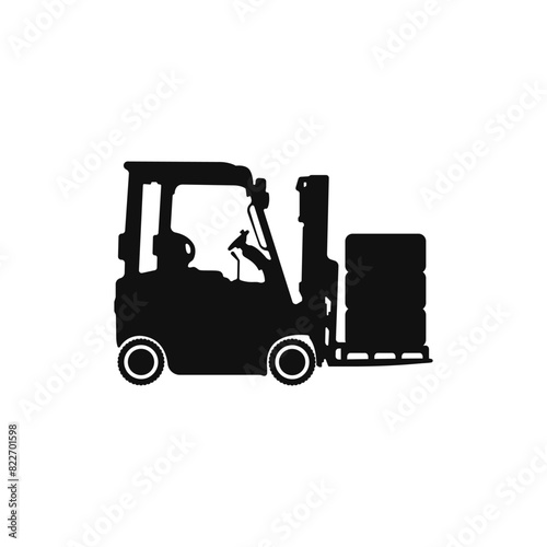 Forklift vector. Loader black logo. Cargo moving icon. Outline loader vector. Loader with and without cargo. Cargo lift vector. Vector illustration.
