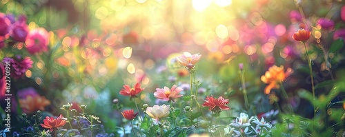 Soft blurred image of a blooming garden with a central focus on colorful flowers  bathed in warm sunlight  creating a dreamy and serene atmosphere.