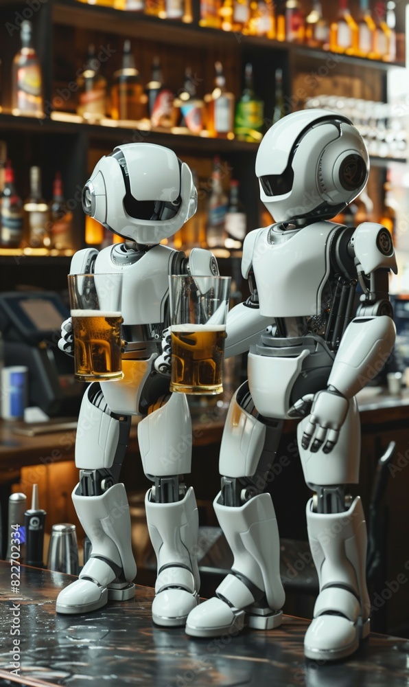 two robots drinking beer in bar, cyborg friends drink alcohol in pub, future of technology, robots have party two robots drinking beer in bar, cyborg friends drink alcohol in pub, future of technology, robots have party