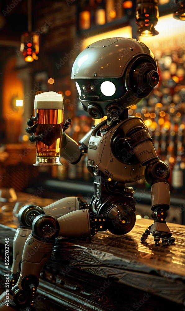 robot drinking beer in bar, cyborg drink alcohol in pub, future of technology, robot have party robot drinking beer in bar, cyborg drink alcohol in pub, future of technology, robot have party