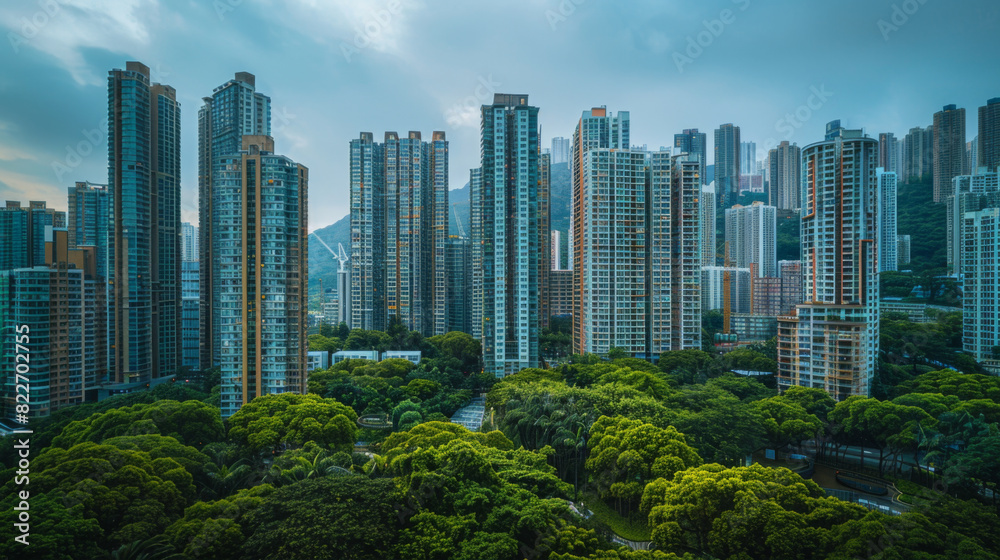 Fototapeta premium A panoramic view of a dense urban skyline featuring numerous high-rise buildings surrounded by green trees.