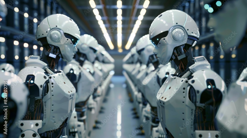 Fototapeta premium futuristic cyborg robots standing in a row at factory, robotics and technology concept