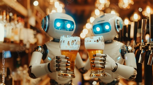 two robots drinking beer in bar, cyborg friends drink alcohol in pub, future of technology, robots have party