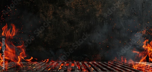 Hot empty portable barbecue BBQ grill with flaming fire and ember charcoal on black background