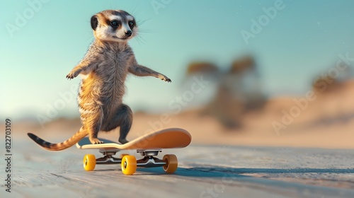 meerkat skaiting on the skateboard on clean background
 photo