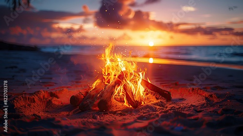 A bonfire burns on the beach at sunset. The warm glow of the fire and the sound of the waves crashing against the shore create a peaceful and relaxing scene.
