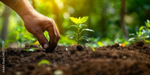 Closeup shot of hand planting young tree in fertile soil for reforestation. Concept Environment, Reforestation, Gardening, Sustainability, Planting
