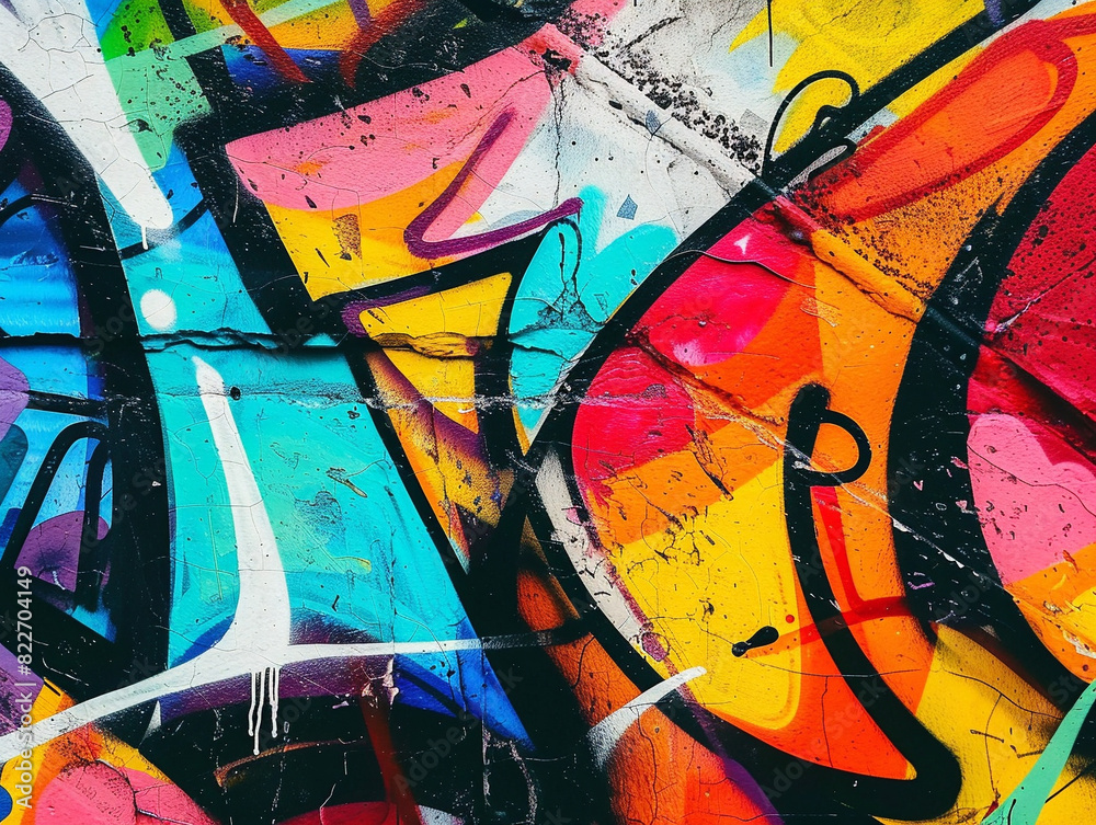 Vibrant graffiti art covering a wall with bold colors and intricate designs in urban setting.