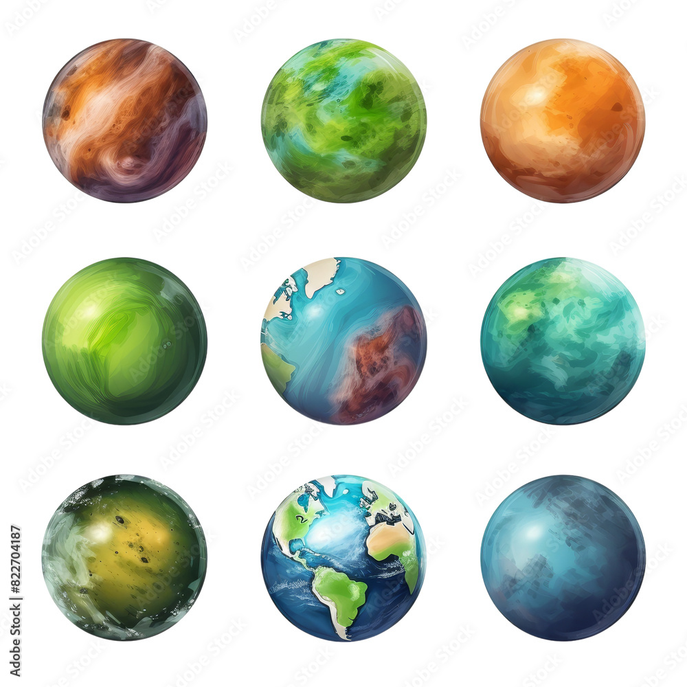 Set of Planets isolated on transparent background, png, cut out.
