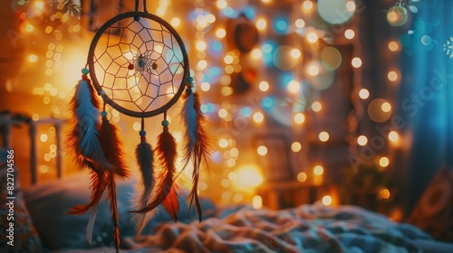 A dream catcher hangs above the bed filtering out any bad dreams and keeping the room filled with positive vibes. photo
