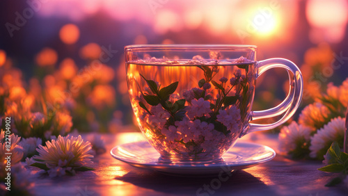 hot beautiful cup of tea against the backdrop of sunset in flowers