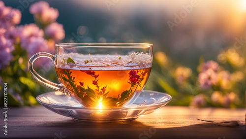 hot beautiful cup of tea against the backdrop of sunset in flowers