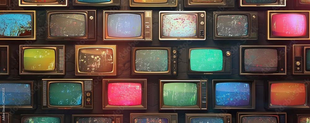 Retro television screens displaying static with abstract cosmic imagery, creating a nostalgic and surreal visual effect. Retro television screens displaying static with abstract cosmic imagery, creating a nostalgic and surreal visual effect.