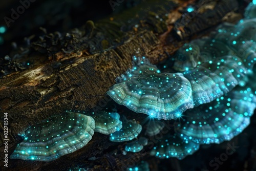 Glowing bioluminescent fungi emerge from decaying wood in a mystical forest setting © ChaoticMind