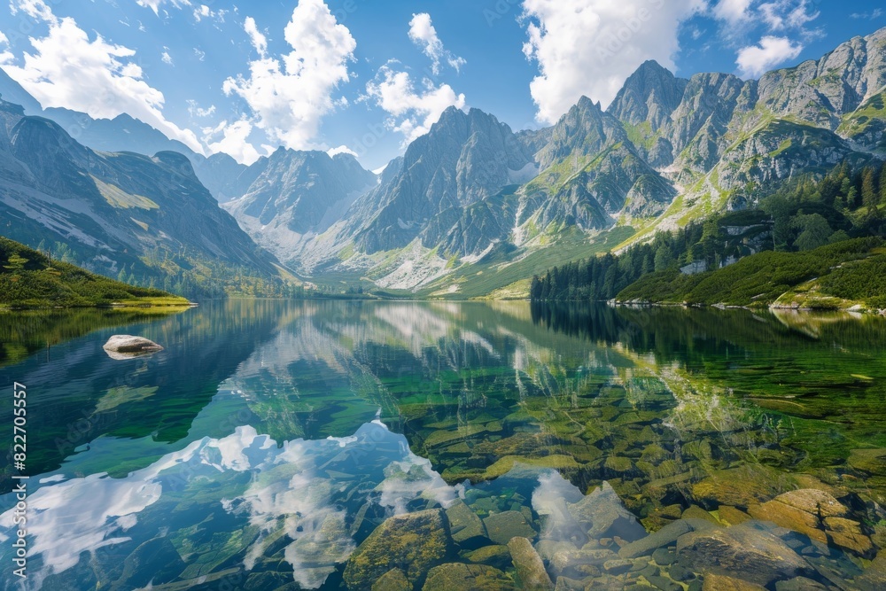 This stock image showcases a stunning lake reflecting the towering mountains and blue sky, offering a picturesque scene of natural beauty