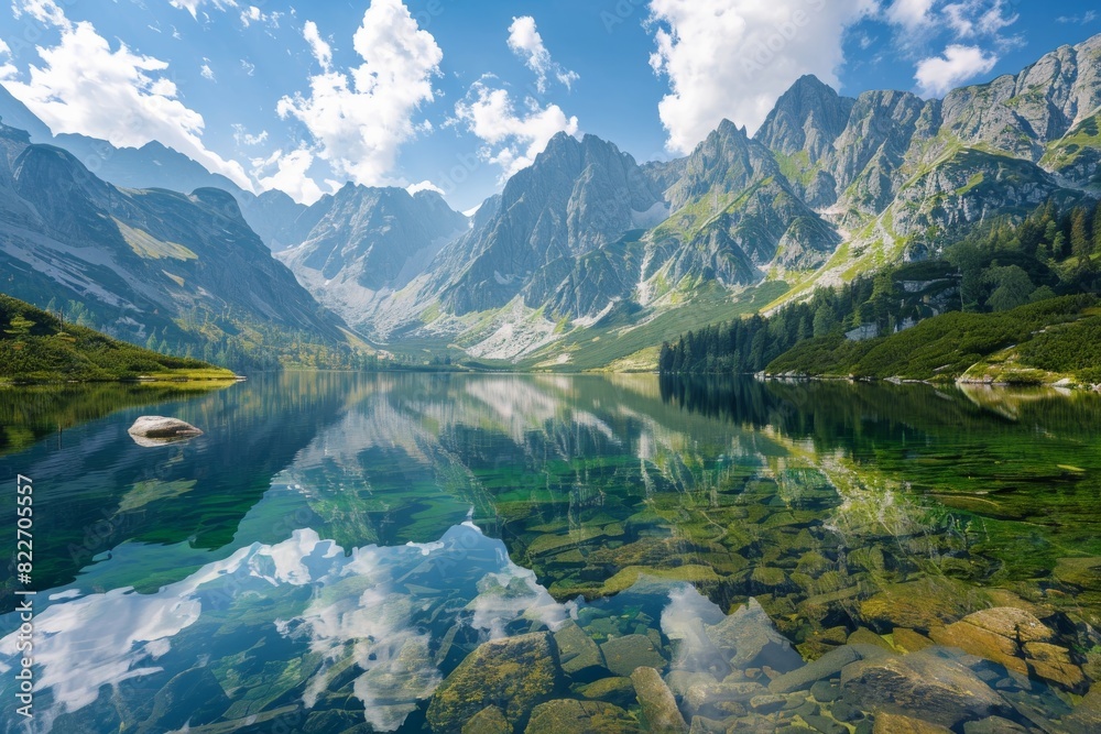 Fototapeta premium This stock image showcases a stunning lake reflecting the towering mountains and blue sky, offering a picturesque scene of natural beauty