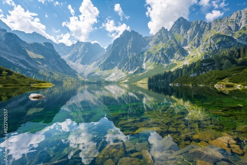 This stock image showcases a stunning lake reflecting the towering mountains and blue sky, offering a picturesque scene of natural beauty