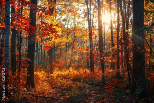 A warm autumnal forest bathed in sunlight, highlighting the rich red and orange hues of the fall foliage