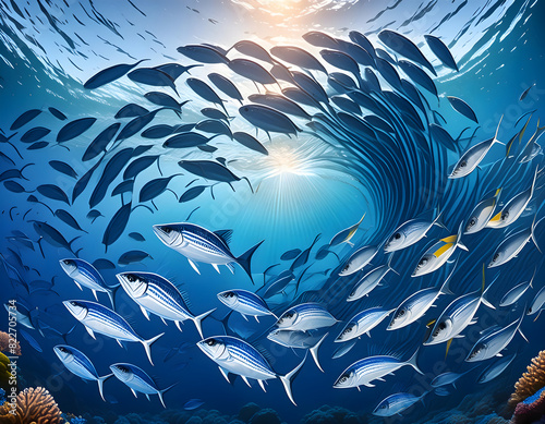 A captivating illustration of a school of jackfish swirling in the deep waters around Balicasag Island, Philippines, showcasing the beauty of marine life. photo