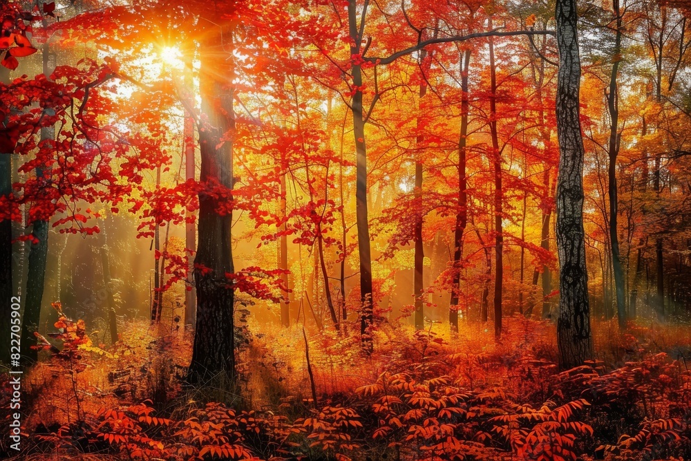 A sunbeam pierces through the foliage of a lush forest during autumn, highlighting the vibrant red and orange leaves