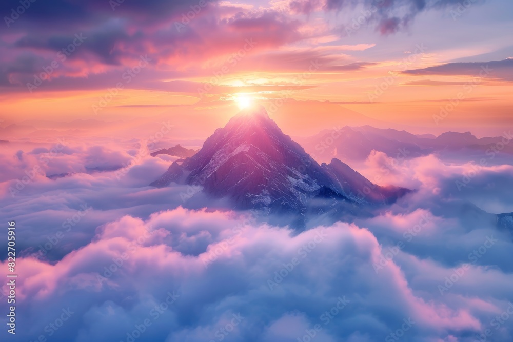 The resplendent image showcases a sunset over a mountain peak, engulfed by a soft blanket of clouds
