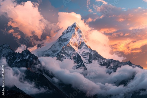 The iconic mountain peak is brightly lit by the setting sun, standing tall among surrounding peaks and clouds photo