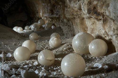Enigmatic cave interior with unique white spheroidal formations scattered across the damp floor