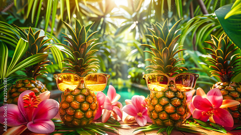 Fototapeta premium Fresh Pineapple with Cocktail Straw on a Beach, Tropical Summer Drink Concept, Refreshing Vacation Scene