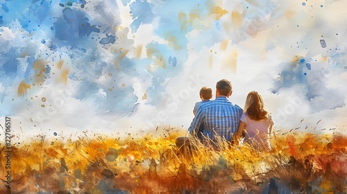 Watercolor happy family sitting in a summer field with his back turned . Digital art painting. © Ziyan Yang