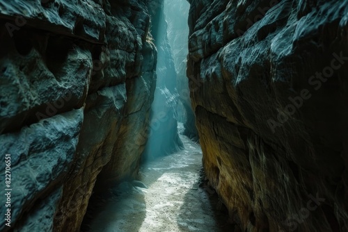A narrow, shadowy canyon passageway with an ethereal light at the end suggesting mystery