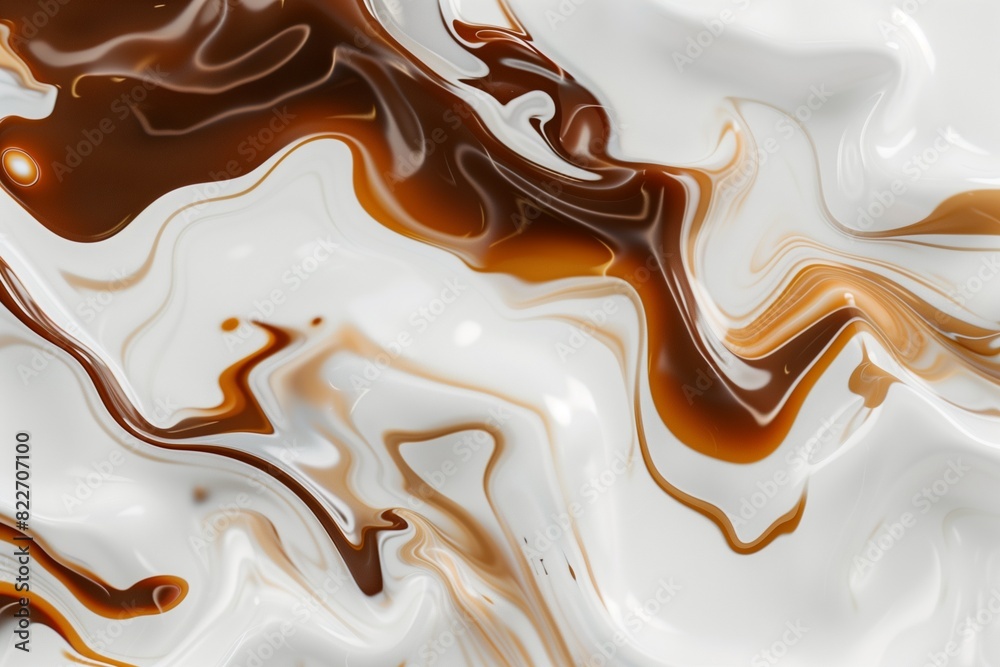 Abstract white and brown liquid. Milk and caramel, coffee blending together. 3D of solid shapes. Colorful textures. Soft milky . Abstract white and brown liquid. Milk and caramel, coffee blending together. 3D of solid shapes. Colorful textures. Soft milky .