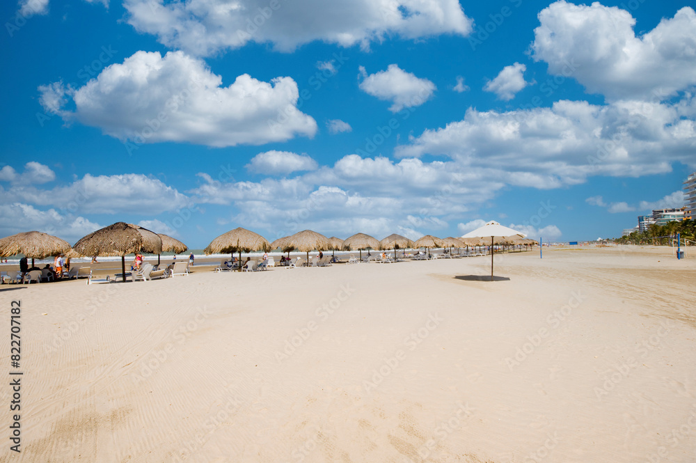 Landscape on La Boquilla beach with beautiful blue sky and sea view.
umbrellas to rest. Landscape on La Boquilla beach with beautiful blue sky and sea view.
umbrellas to rest.