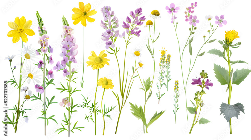 A set of wild flowers isolated on a white background, perfect for floral decoration and adding natural beauty to any occasion. A set of wild flowers isolated on a white background, perfect for floral decoration and adding natural beauty to any occasion.