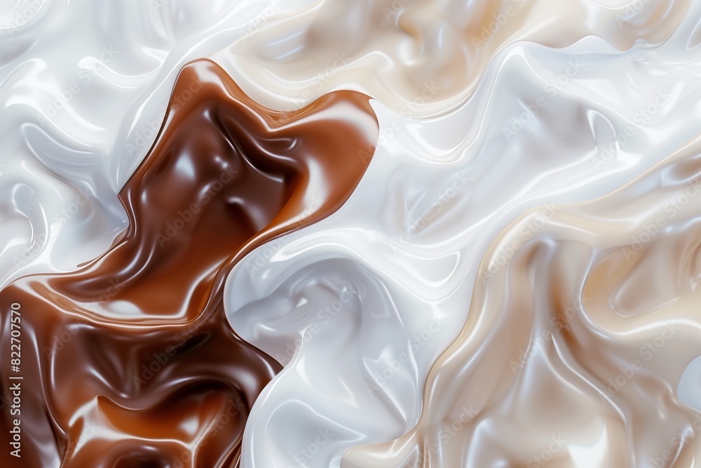 Abstract white and brown liquid. Milk and caramel, coffee blending together. 3D of solid shapes. Colorful textures. Soft milky . Abstract white and brown liquid. Milk and caramel, coffee blending together. 3D of solid shapes. Colorful textures. Soft milky .