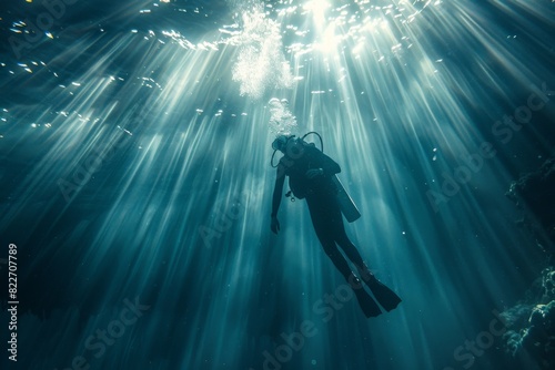 A scuba diver gracefully ascends towards the surface, the sunlight creating a striking water column effect © ChaoticMind