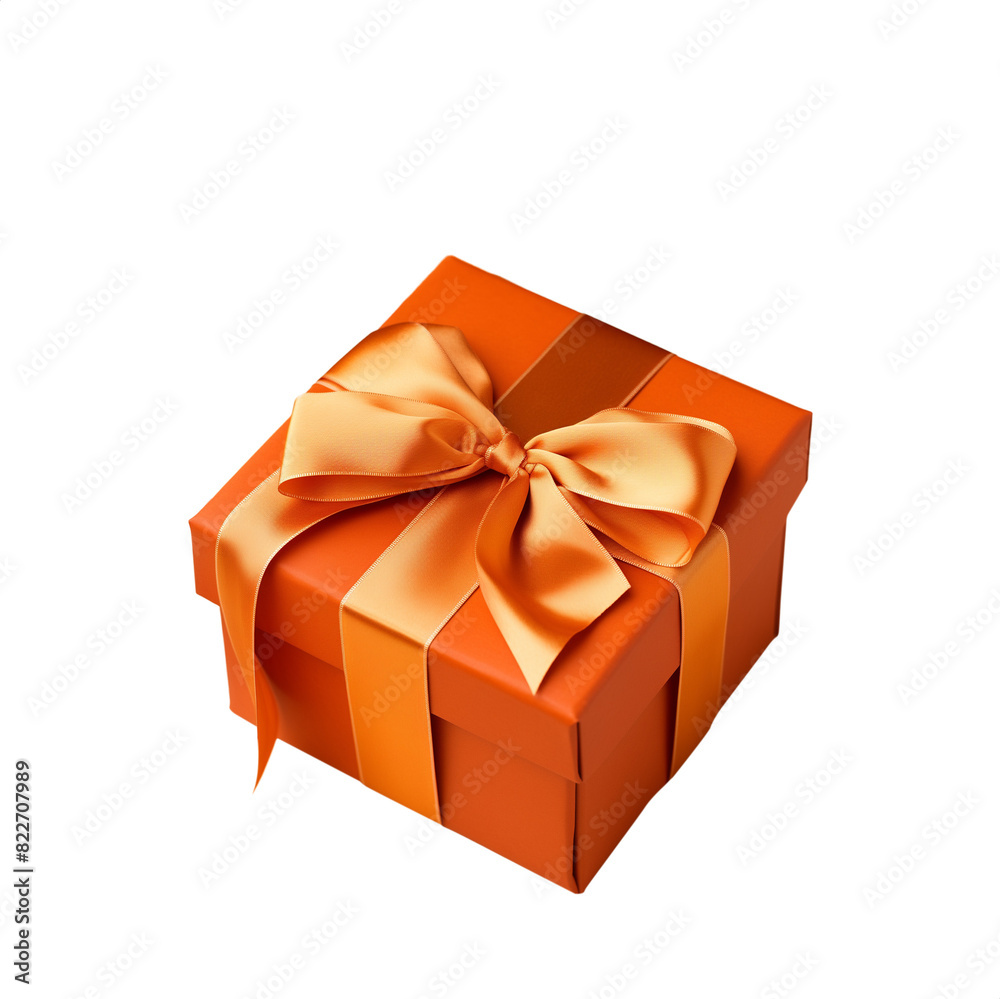 Obraz premium Orange golden gift box with ribbon. Transparent PNG background. Birthday present mockup. Closed square surprise box. Ideal for promotional campaigns, black Friday, valentines, Christmas, mother's day.