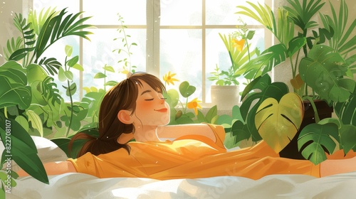 A woman stretching in bed after waking up, entering a new day feeling relaxed and happy after a good night's sleep. Hand drawn style modern design illustrations of a woman waking up.